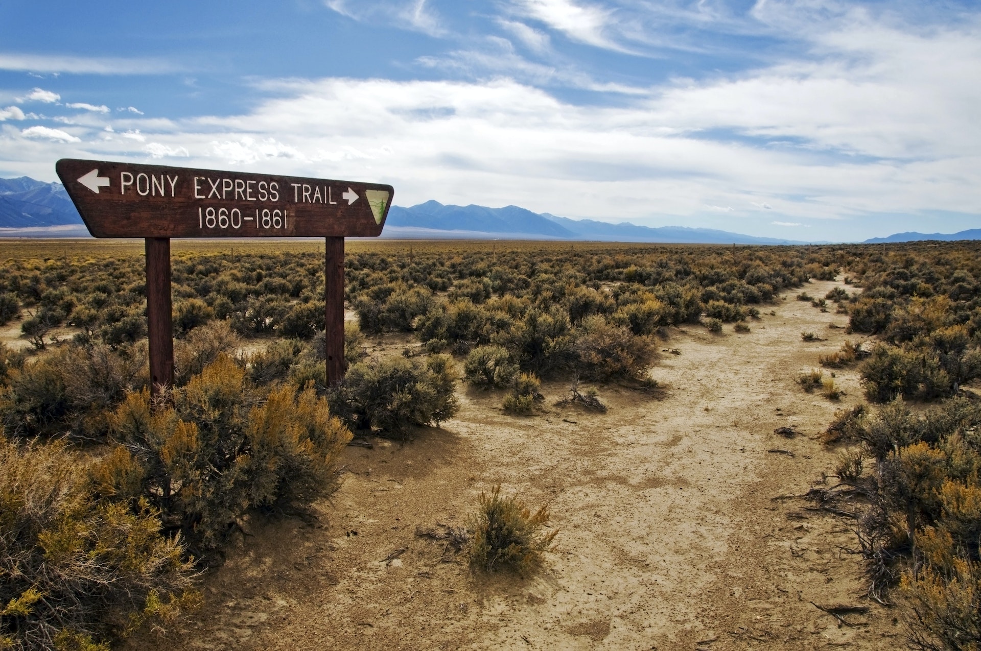 A sign shows the old Pony Express Route off of Highway 50, Nevada.